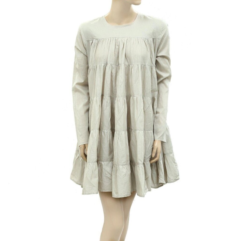 Merlette Soliman Mini Dress Cotton Tiered Tan Solid Flared Flowy XS NEW